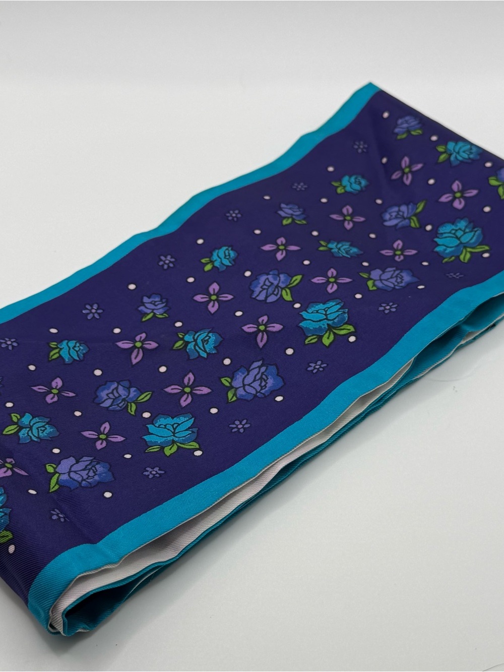 Blue Floral Silk Scarf with Teal Border - Women's Accessory